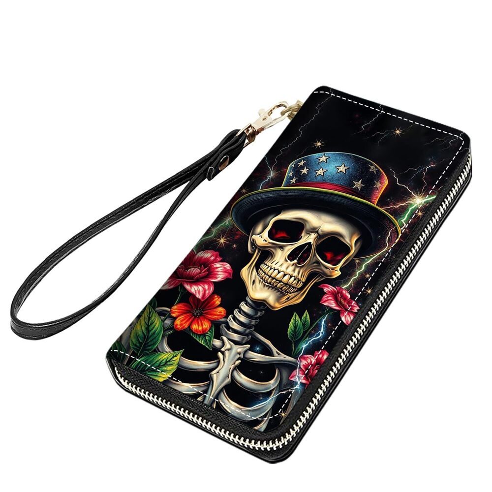 2436 Funny Skull Flower Print Large Capacity PU Leather Zip Around Wallet